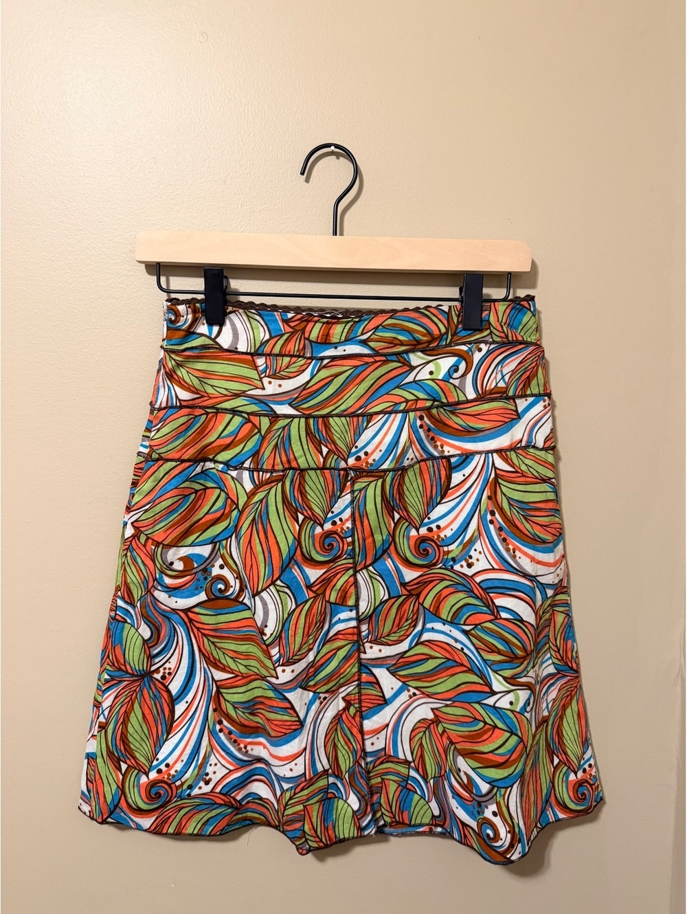 Robert Louis Leaf Print A-Line Skirt XS Cotton Lined Retro Boho Colorful